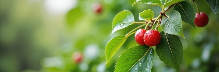 Obraz premium Red berries on green leaves in a fresh natural environment 