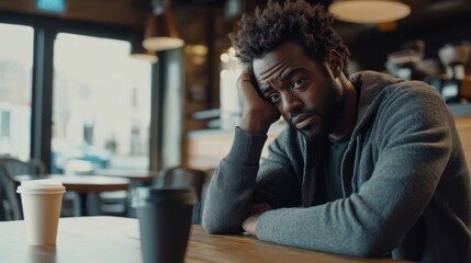 Social media rumors affecting a man at a coffee shop. Featuring anxiety and distraction