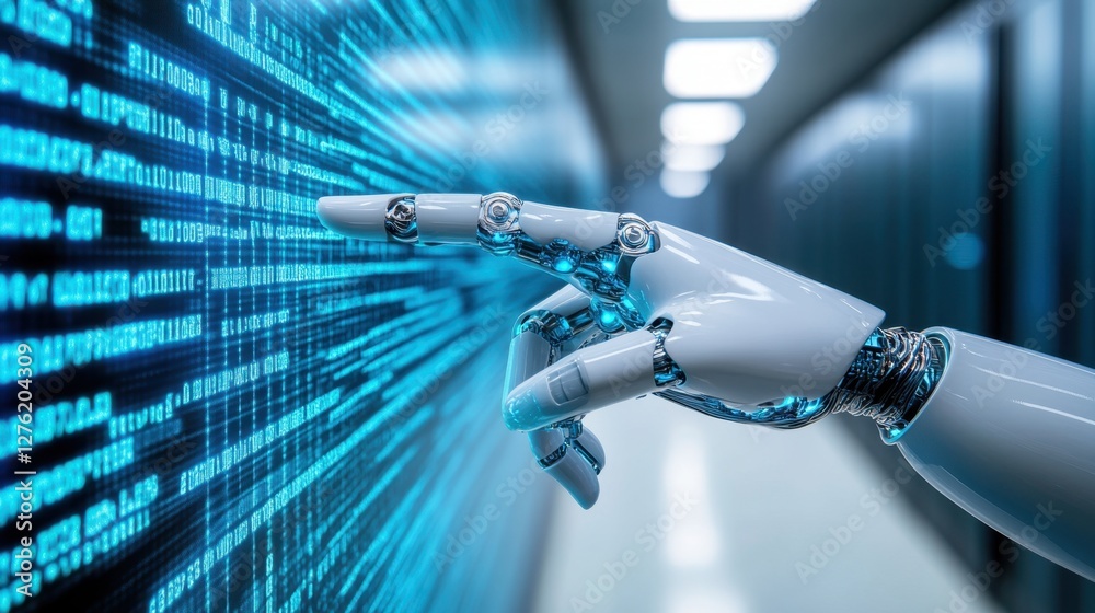 Poster robotic hand interacts with a digital screen displaying blue binary code. futuristic technology conc