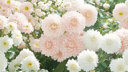 Close Up of White and Pink Chrysanthemums in a Garden Setting Under Bright Sunlight