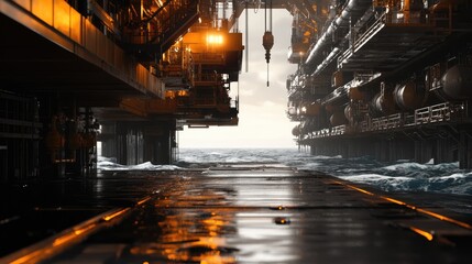the massive drill and complex machinery on an offshore oil rig, with ocean waves reflecting the morning light, petroleum industry