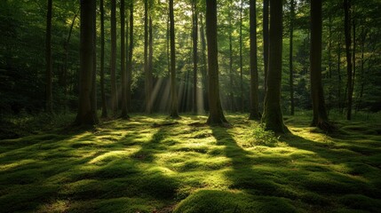 Obraz premium A serene forest scene with sunlight filtering through trees, illuminating a mossy ground.