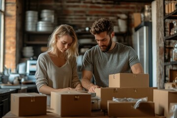 A young couple carefully packs and prepares online orders for shipment in their home-based business.