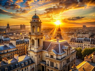 Naklejka premium Golden Sunrise over Parisian Roofs: Saint-Sulpice & Latin Quarter