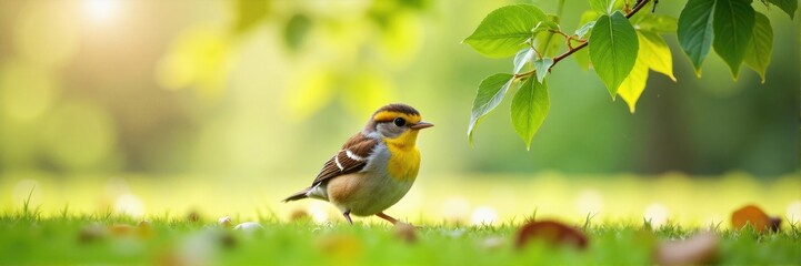 Obraz premium Yellow songbird standing alert on spring grass with leafy branch background