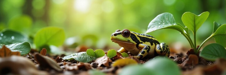  Small frog sitting quietly on forest floor with green plants background