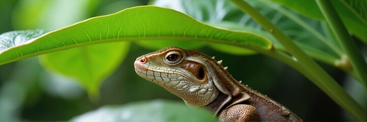 Fototapeta premium Brown lizard peeking curiously from under tropical leaf with jungle background