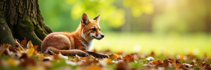 Fototapeta premium Fox sitting peacefully under tree with autumn sunlight background