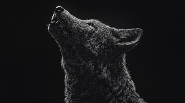 A hyper-detailed black and white portrait of a howling wolf, its head tilted back in a dramatic pose