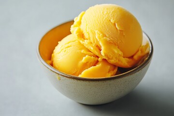 Two scoops of yellow mango ice cream in a bowl