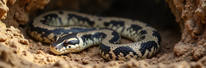 Fototapeta premium Snake lying still inside dry burrow under warm light