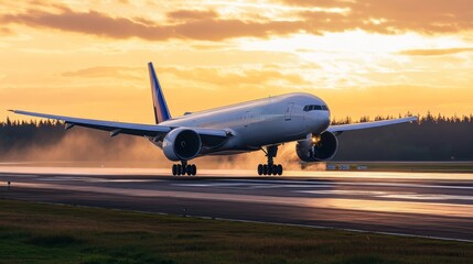 Fototapeta premium An airplane takes off from the airport runway at sunset.