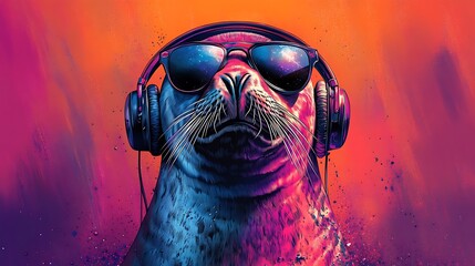 Cool seal listening to music, vibrant background,  digital art, poster