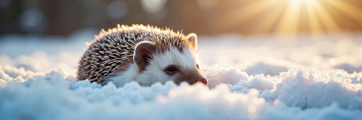 Obraz premium Hedgehog resting in the snow with sunlight in the background