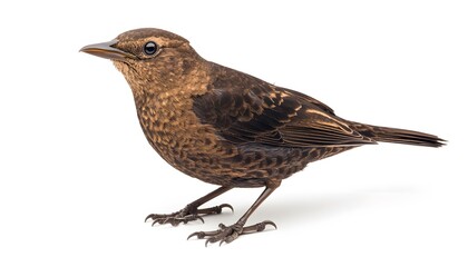 Juvenile european blackbird standing on a plain white background