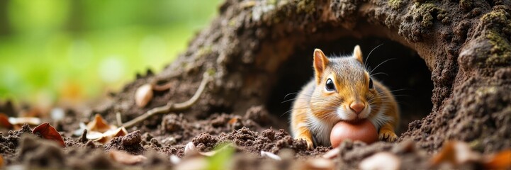 Obraz premium Chipmunk holding an acorn outside its burrow in a forest