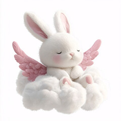 Obraz premium Cute bunny with angel wings resting on fluffy clouds.