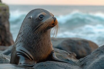 Fur seal resting on rocky shore with ocean waves in the background