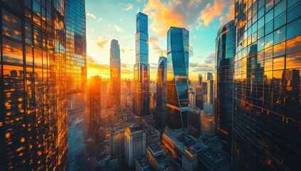 Evening city, skyscraper under clouds,business center.