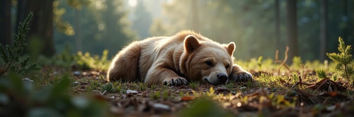 Brown bear resting on a forest floor with sun rays filtering through
