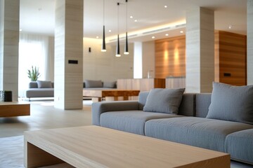 A mid century modern interior design in the living room of a house with a light gray sofa and table. Generative AI
