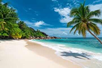Tropical beach with palm trees and white sand on Island .Beautiful seascape with a tropical sandy shore on a sunny day. Panoramic view of the sea as a scenic summer vacation background.