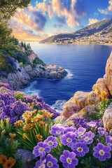 Beautiful colorful wild flowers at sea beach in Spring.