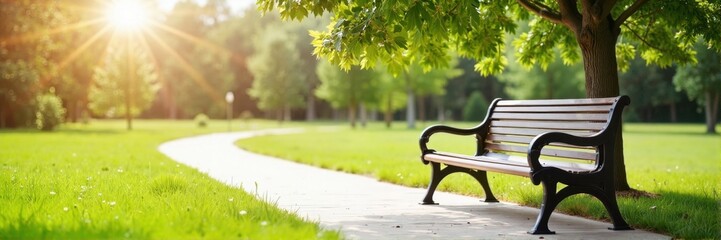 Wooden park bench beside a paved path in a green meadow
