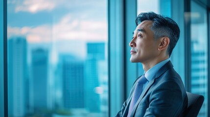 Professional Asian businessperson in formal wear with high-rise building backdrop