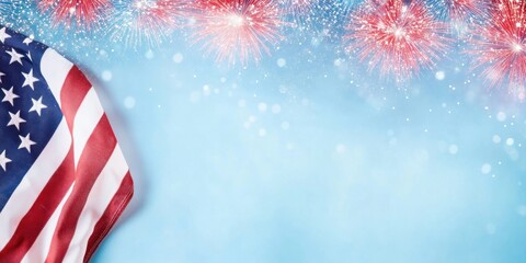 Patriotic Fourth of July Celebration with USA Flag and Festive Fireworks Display Design for Holiday Cards Posters Background in Vibrant Red White Blue Tones for Festive Mood