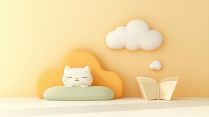 Cute Sleeping Cat in Soft Colors with Clouds and Book on Minimalistic Background