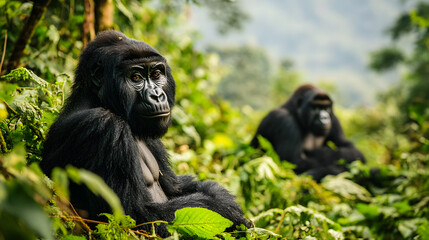 Two gorillas in lush green habitat, majestic primates surrounded by foliage, showcasing wildlife connection and natural beauty.