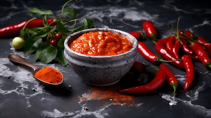 Hot chili sauce in a ceramic cup with chili peppers on a black background