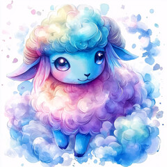 Naklejka premium Cute pastel sheep character surrounded by colorful clouds.