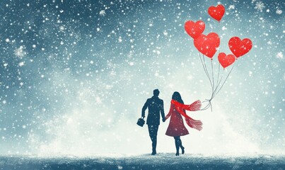 Obraz premium Couple walks hand in hand with heart balloons through snowfall.