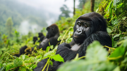 Naklejka premium Gorillas resting in lush greenery, family of large primates surrounded by vibrant foliage in a tranquil environment.