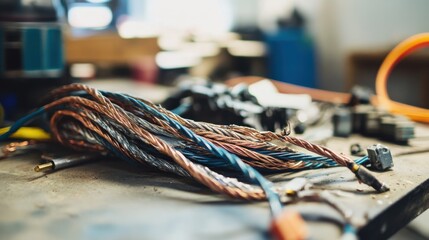 Damaged cables on a mechanic’s workbench. Featuring exposed copper and cracked insulation