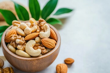 Assorted nuts in a wooden bowl, showcasing healthy snacking options with a fresh green background.