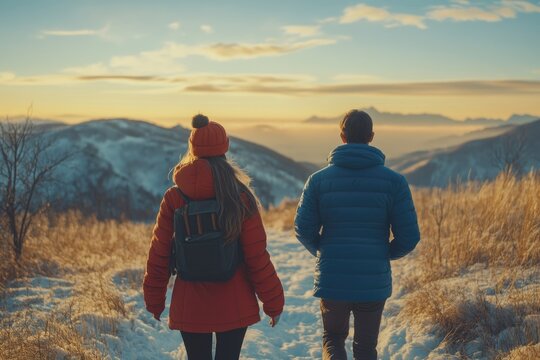 Couple hiking snowy mountain at sunset, enjoying breathtaking view.