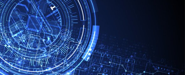Abstraction on the theme of tech circles. Scientific and technological background. Blue gradient on the background.