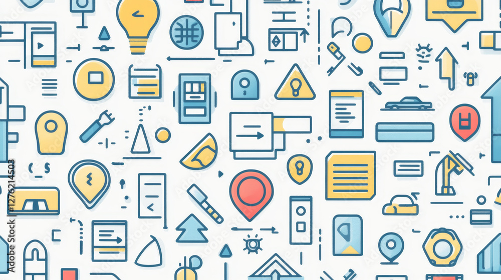 Poster navigation direction maps sign traffic and more thin line icons set vector seamless pattern