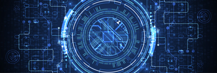 Abstraction on the theme of tech circles. Scientific and technological background. Blue gradient on the background.
