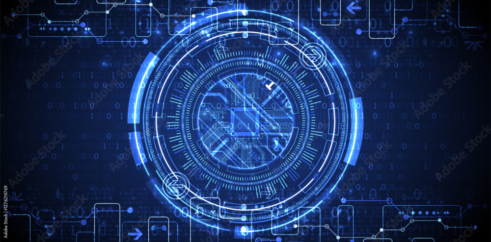 Fototapete Abstraction on the theme of tech circles. Scientific and technological background. Blue gradient on the background.