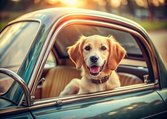 Happy Puppy in Vintage Car - Adorable High-Resolution Stock Photo