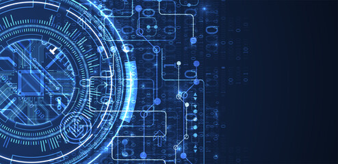 Abstraction on the theme of tech circles. Scientific and technological background. Blue gradient on the background.