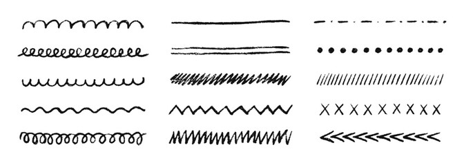 Set hand drawn crayon stripes and pencil underlines doodle, chalk scribbles, charcoal strikes for notes. Grunge texture. Collection of squiggly, wavy, zigzag lines. Vector illustration