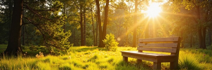 Wooden bench in a forest with golden sunlight filtering through trees