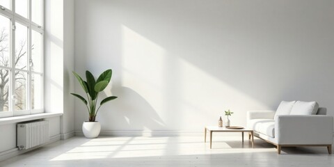 Bright sunlit minimalist living room interior design with a white sofa and large plant