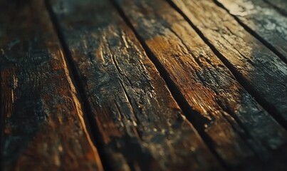 Obraz premium Close-up view of weathered wooden planks with rich textures and natural lighting, ideal for backgrounds