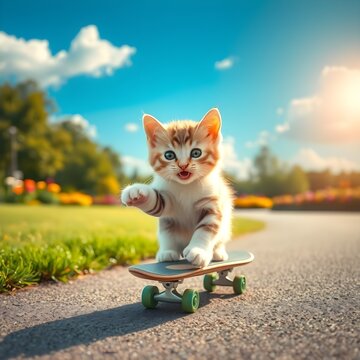 Gatito sonriente patinando